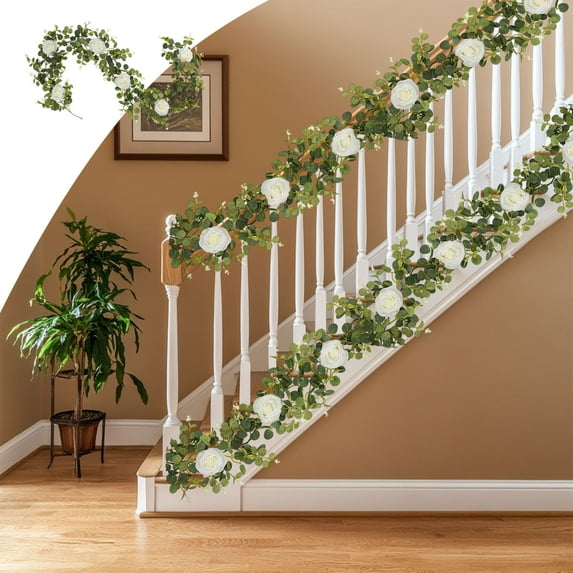 Fmbmuo 6.1 Ft Eucalyptus Garland for Chrismas Stair Railing Decor,Rose Green Flower Garland,Artificial Vines,Decoration Party Garden Thanksgiving Halloween,Green
