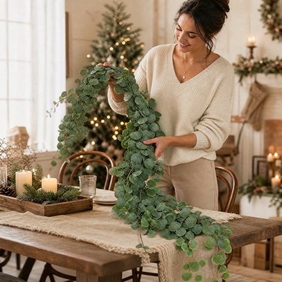 Fmbmuo 74.8inch Christmas Artificial Greenery Garland with Full Dense Leaves, Bendable Fake Foliage Vine, Flexible Seasonal Decor for Wall, Fireplace Mantel, Stair Railing & Family Xmas Holiday