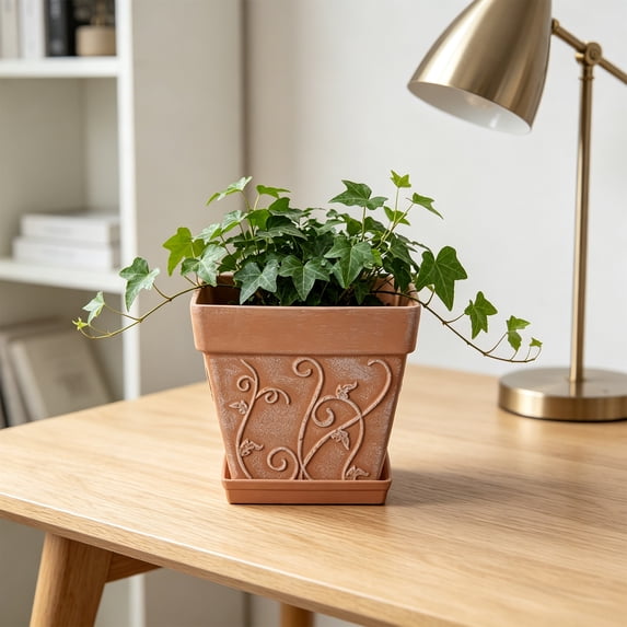 Fmbmuo 8-Inch Faux Ceramic Potteder with Tray, Vintage Embossed Plastic Flower Pot, Thickened Durable Potted Container for Indoor and Outdoor Succulents, Herbs, and Home Decor