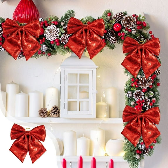 Fmbmuo 9.84-inch Christmas Bow Decorations - Christmas Tree/Stair Railing Decoration, Christmas Decoration Sequined Bow, Holiday Gift Wrapping and Home Decoration(Red)