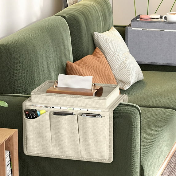 Fmbmuo Armrest Organizer - Universal Sofa Shelf for Remote Controls, Cell Phones and Books (Fits Sofas, Beige)