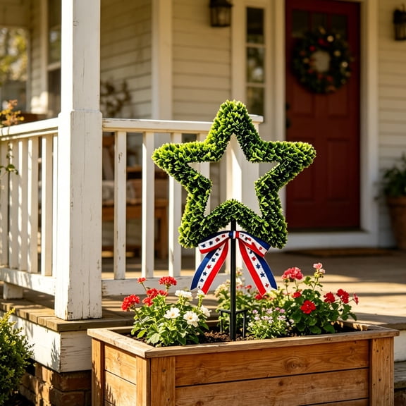 Fmbmuo Artificial Topiary Tree 22 Inch Stacked Star Shaped Faux PlantsWith Red White Blue Ribbon And Black Planter For 4th Of July Decor Semiquincentennial