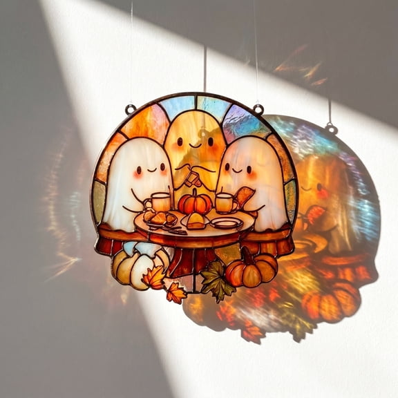 Fmbmuo Autumns Ghost Trioes Pumpkin Coffee Table ACRYLIC Suncatcher Hanging Pie Apples Maple Leaf Cozy Fall Thanksgiving Halloween Window Decor,Multicolor
