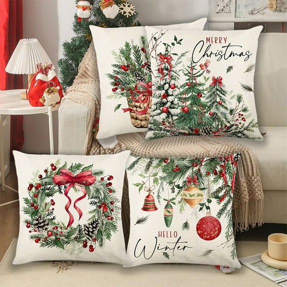 Fmbmuo Beige Christmas Throw Pillow Covers Winter Print 18x18 Inch Soft Decorations, Polyester Modern Set of 4 Removable Cover Pillow cases, for Christmas Holiday Decor
