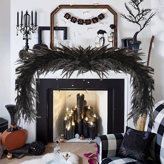 Fmbmuo Black Garland Mantle Stain Resistant 4.9 ft Fall Leave Vines Decorations, 1 pcs Rustic/Lodge Plastic Artificial Garlands for Mantle Decor
