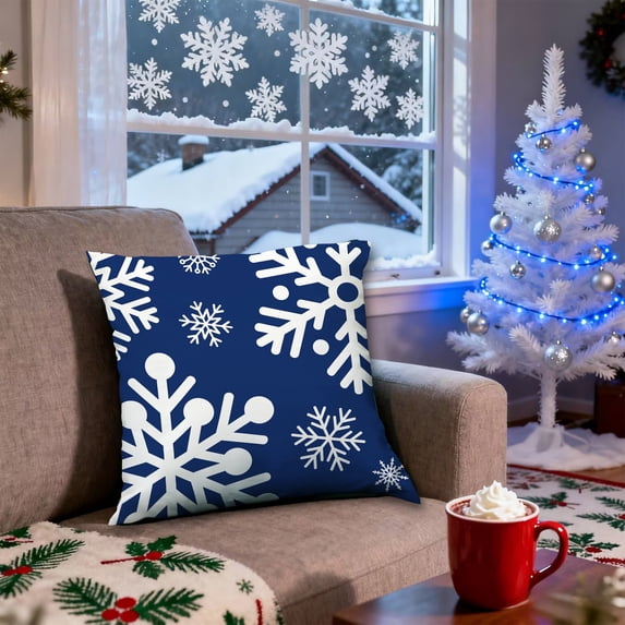 Fmbmuo Blue Christmas Throw Pillow Covers Snowflake 18x18 Inch Machine Washable Decorations, Traditional 1 Pcs Removable Cover Short Plush Pillow cases, for a Quick Living Room Makeover