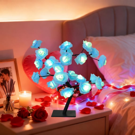 Fmbmuo Blue LED Night Light 24 Lights Rose Tree Valentine's Decorative Lights, Pastel Contemporary Plastic Table Lamp Anniversary Gift
