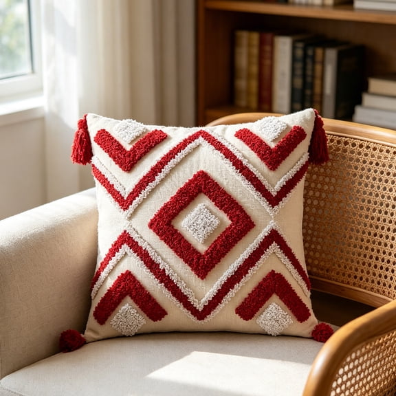 Fmbmuo Bohemian Tufted Pillow Cover 18x18 Inch Geometric Diamond Pattern with Tassels Cushion Case for Sofa Bed Home Decor,Red
