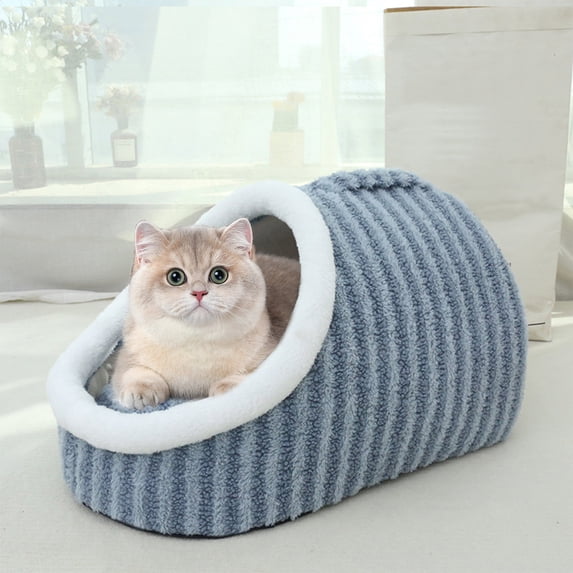Fmbmuo Calming Covered Cat Dog Bed with Cushion Cave Warm Medium Cat Bed, Cozy Orthopedic Soft for Senior Dogs with Arthritis (Blue)
