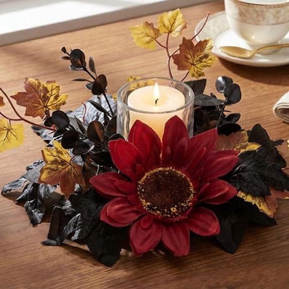 Fmbmuo Candle Ring Wreath 12 Inch Artificial Sunflower Chrysanthemum Fall Table Centerpiece For Halloween Thanksgiving Home Decor,Red