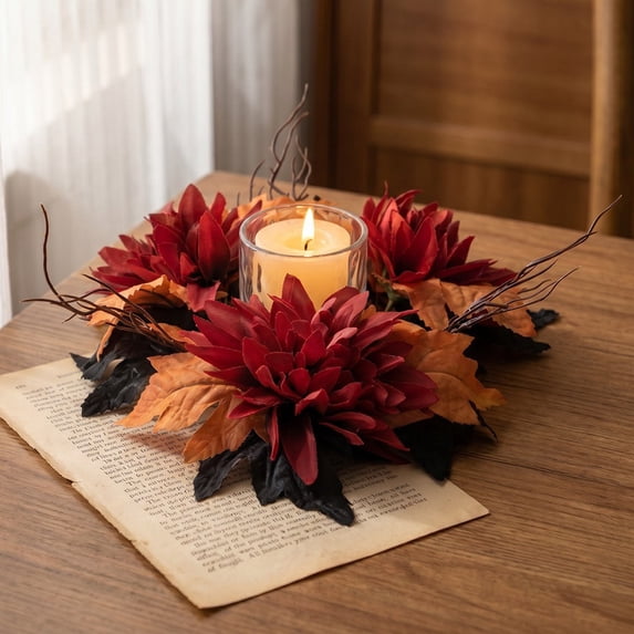 Fmbmuo Candle Ring Wreath 12 Inch Artificial Sunflower Chrysanthemum Fall Table Centerpiece For Halloween Thanksgiving Home Decor,Red