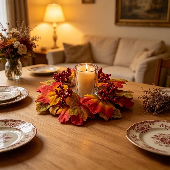Fmbmuo Candle Ring Wreath 6 Inch Mini Maple Leaf Pumpkin Pinecone Table Centerpiece For Thanksgiving Halloween Decor,Brown