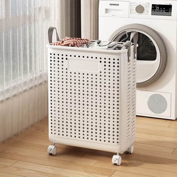 Fmbmuo Carrying Handles Laundry Basket with Wheels Oxford Cloth for Storage, 17.8 x 14.8 in White Large Capacity Art Deco Slim Laundry Basket for Laundry Room