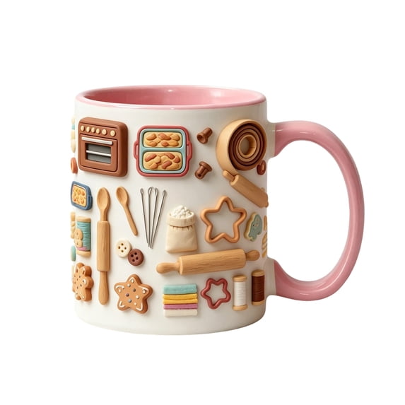 Fmbmuo Ceramic Coffee Cup, Daily Necessities Pattern Mug, Microwave & Dishwasher Safe, 400ml, Style C