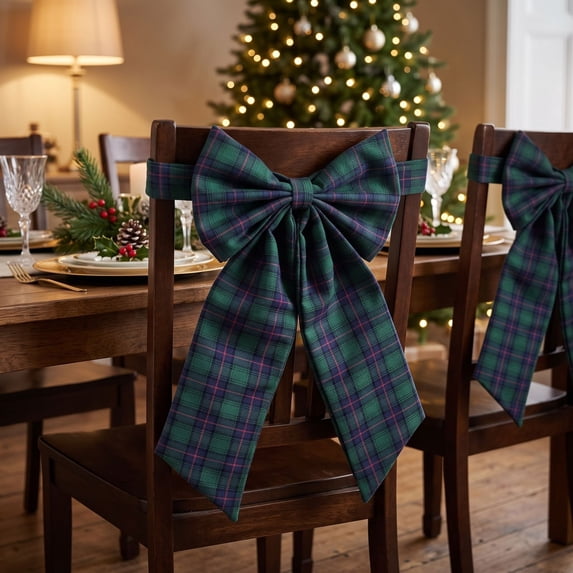 Fmbmuo Christmas Chair Bows Decorations 27 x 11 Inch, Green Tartan Bow Vintage Plaid Chairs Back Covers, Classic Chair Sashes for Xmas Party Banquet Decor