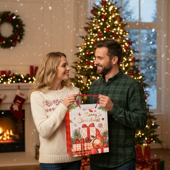 Fmbmuo Christmas Gift Bags Prints Red 1Pcs Medium Decorations with Handles Paper Neon Christmas Bag Easy to Use, Time-Saving