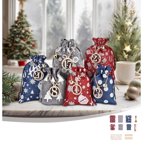 Fmbmuo Christmas Gift Bags Small 20Pcs Beige Advent Calendar Bag Decorations Drawstring Glitter Polyester Christmas Bag for Party Favors and Holiday Decor