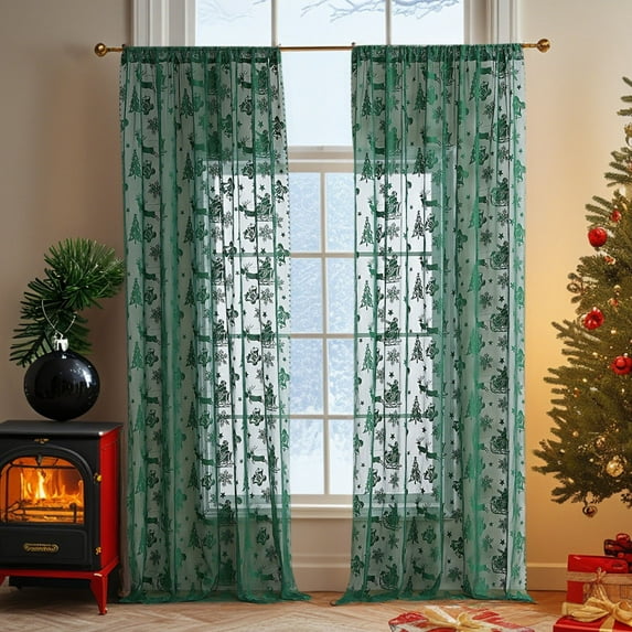 Fmbmuo Christmas Sleigh Print Christmas Curtains Stain Resistant Green Semi-Sheer Decorations, UV Resistant Rod Pocket Glam 2 pcs Window Curtains, Bedroom/Living Room,55 Inch