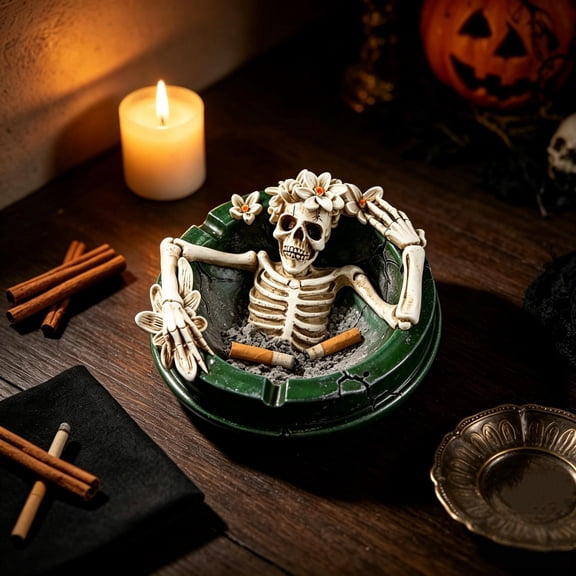 Fmbmuo Creative Resin Skull Ashtray Gothic Skeleton Desktop Ornament Halloween Table Decor for Bar Cafes Household Holiday Party Tabletop Display,Green