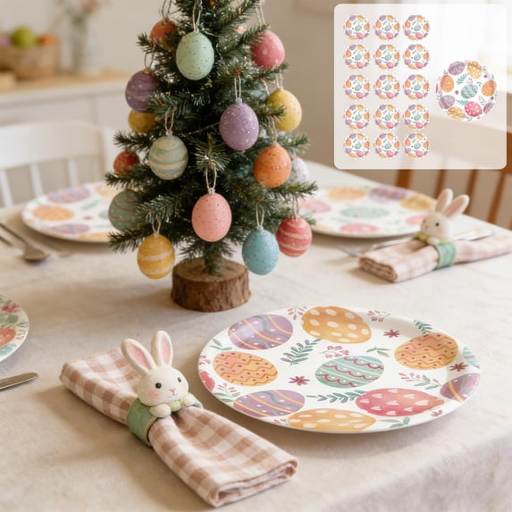 Fmbmuo Disposable Easter Paper Plates 16 Pcs Party Decorations, Decorative White Easter Egg Whimsical Dinnerware Sets for Easter Brunch