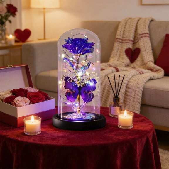 Fmbmuo Energy Efficient Mood Light Purple Rose and Butterfly Valentine's Decorative Lights, Glass Art Deco Fluorescent Table Lamp Gift for Girlfriend