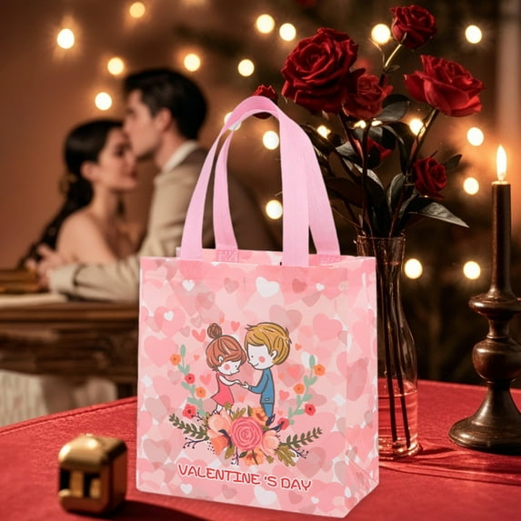 Fmbmuo Fashion Packaging Gift Bag Valentine's Day Medium Bags for Gift, Shoulder Strap Travel Non-Woven Fabric Valentine's and Birthday Gift Pink