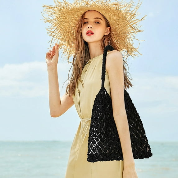 Fmbmuo Fashion Shoulder Bags Crochet Large Capacity Bags for Women, Cotton Back-to-School Handle Valentine's and Birthday Gift Black