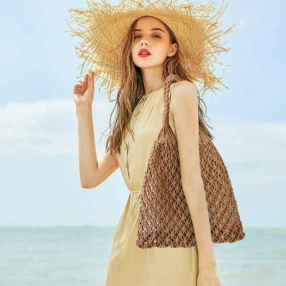 Fmbmuo Fashion Shoulder Bags Large Capacity Crochet Bags for Women, Back-to-School Handle Cotton Valentine's and Birthday Gift Brown