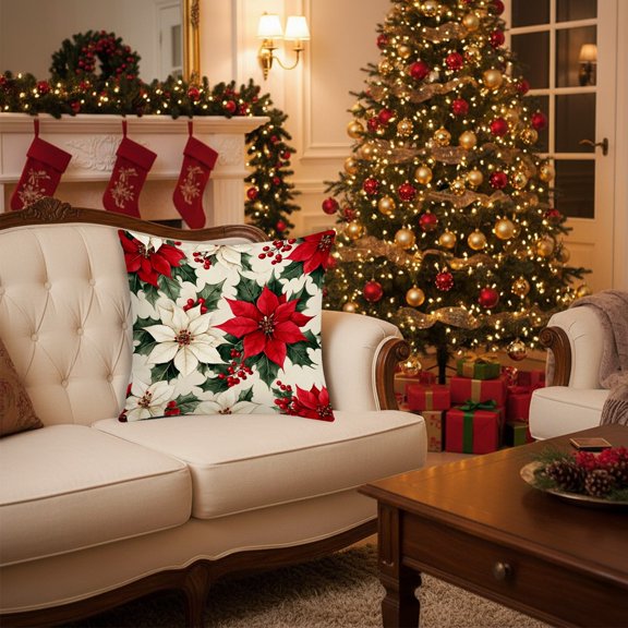 Fmbmuo Floral Printed Christmas Throw Pillow Covers Red 18x18 Inch Warm Decorations, Short Plush 1 Pcs Removable Cover Modern Pillow cases, Winter Decor for Sofa Living Room