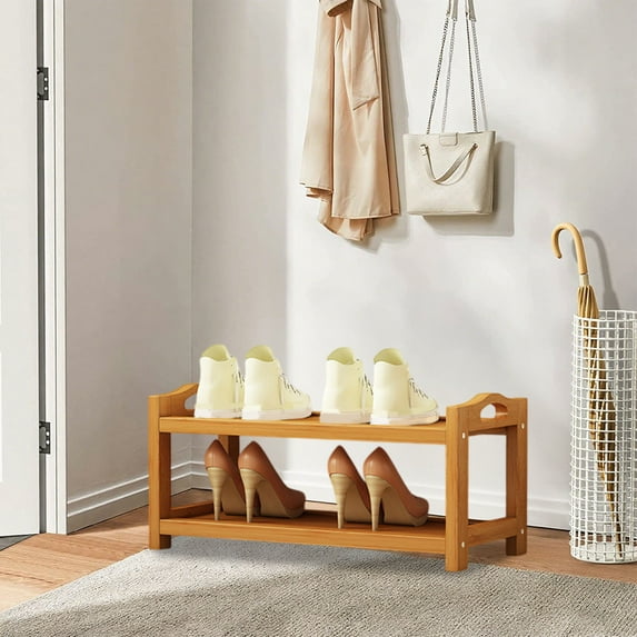 Fmbmuo Freestanding Bamboo Shoe Rack Wood 3 Tier Organizer, Portable for Entryway and Closet Hallway Traditional Shoe Rack (Yellow)