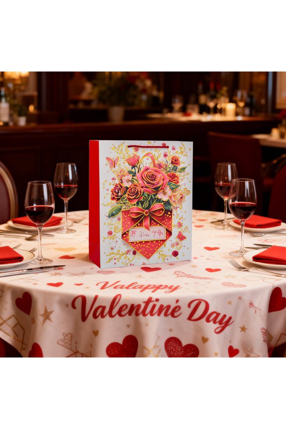 Gift Box Rose Valentine's Day Medium Bags for Gift, Paper Fashion Casual Valentine's and Birthday Gift Red