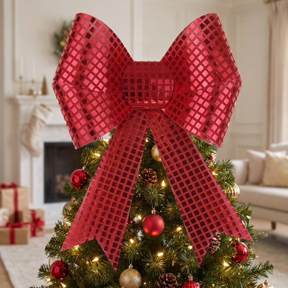 Fmbmuo Glitter Ribbon Christmas Bows Red with Twist Ties Xmas Trees Decor Premade Metallic Xmas Bows for Tree Garland Wreath Gift Decorations