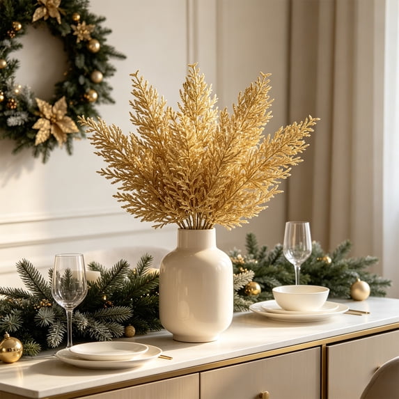 Fmbmuo Gold-Glittered Leaf Spray Artificial Colorful Foliage 14 Inch Home Decor Christmas Decoration Christmas Decor,Gold