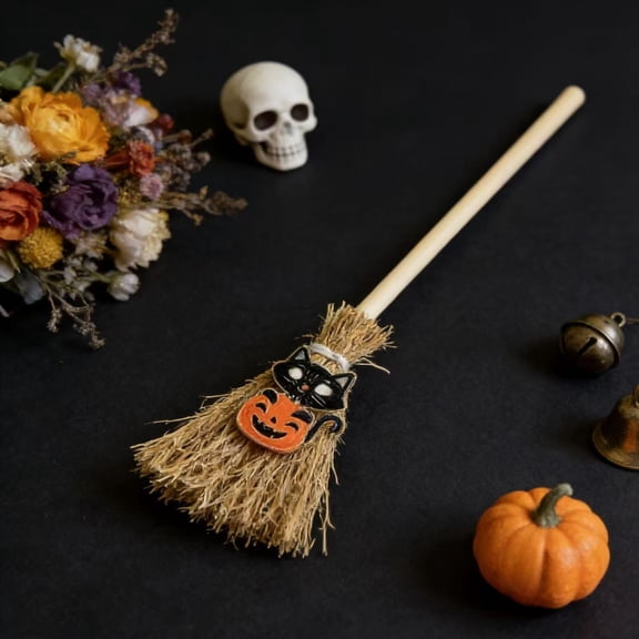 Fmbmuo Halloween Mini Witch Brooms Pumpkin Cats and Skull Straw Witch Broomstick Decorations,Orange