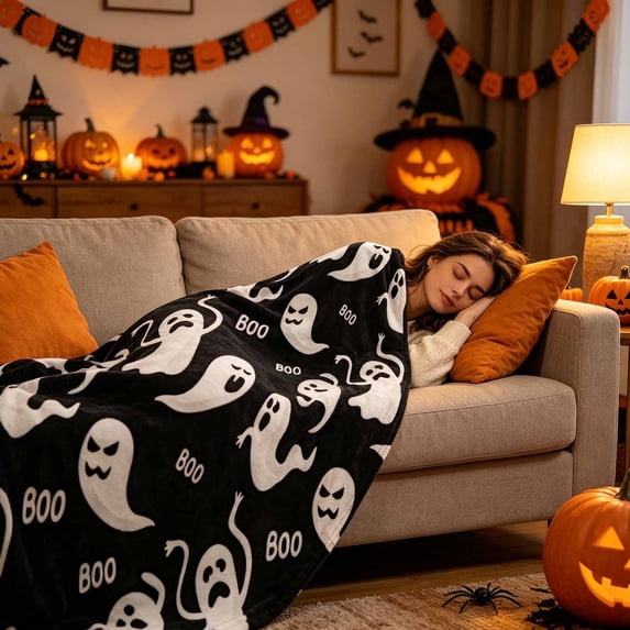 Fmbmuo Halloween Printed Fleece Throw Blanket Boo Ghost, Soft Warm Cozy Flannel Blanket 152x152cm, Funny Spooky Decor for Sofa Couch Bedroom Office