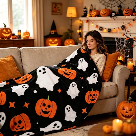 Fmbmuo Halloween Printed Fleece Throw Blanket Pumpkin Ghost Black, Soft Warm Cozy Flannel 152x152cm, Spooky Fall Decor for Sofa Couch Bedroom Office