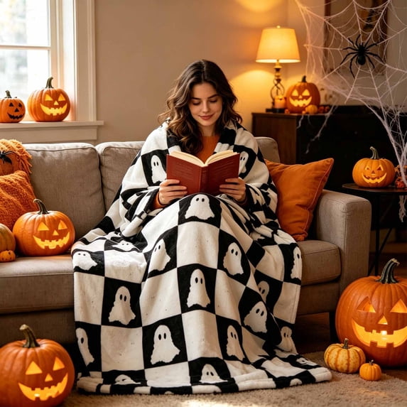 Fmbmuo Halloween Spooky Cute Ghost Print Throw Blanket , Warm Soft Cozy Lightweight Decorative , For Sofa Couch Bed Home Holiday Decoration