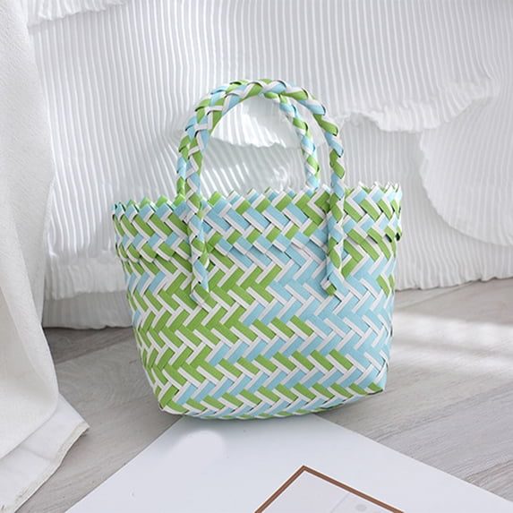 Fmbmuo HandBags Fashion Colorful Woven Basket Medium Bags for Women, Travel Organizer Plastic Valentine's and Birthday Gift Blue