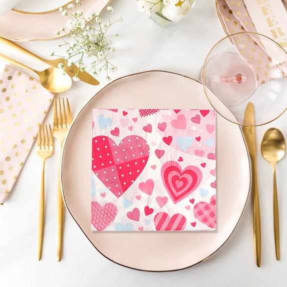 Fmbmuo Hearts Valentine's Day 20 Pcs Napkins Paper Decorations, Romantic Pink Leak-Proof Cutlery Set for Romantic Dinner
