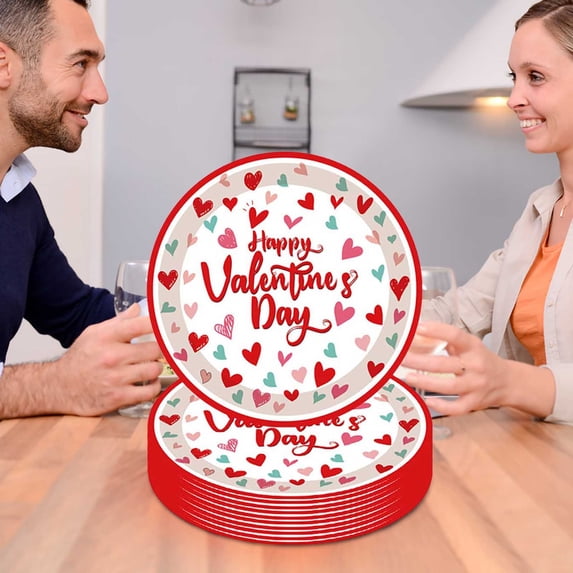 Fmbmuo Hearts Valentine's Day 20 Pcs Paper Plates Decorations, Disposable Red Romantic Cutlery Set for Romantic Dinner