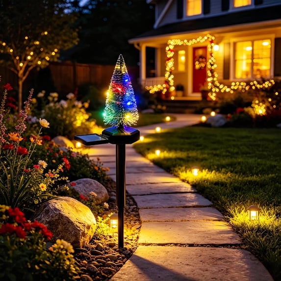 Fmbmuo Home Decor Outdoor Solar Powered Mini Christmas Tree Lights LED Stake Lamp with 2 Modes Wall Decor,Multicolor