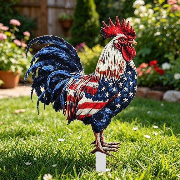 Fmbmuo Independence Day Painted Rooster Figurine Outdoor Garden Yard Stake Rural Style Animal Decoration 9.8"x7.9"