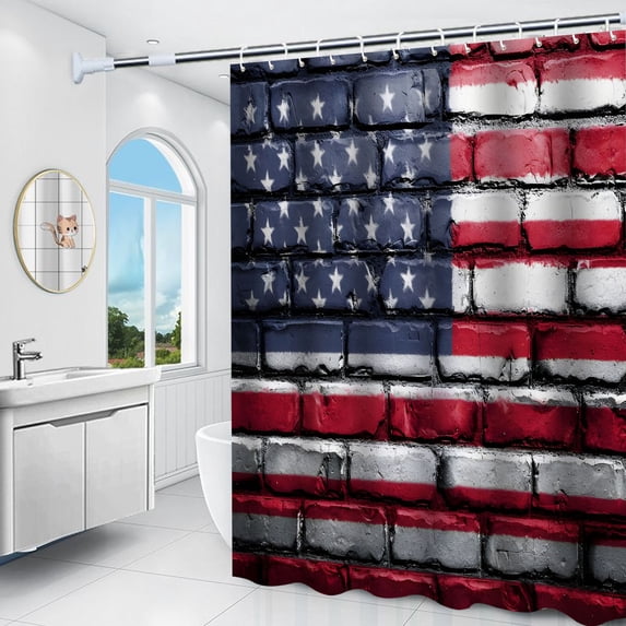 Fmbmuo Independence Day Shower Curtain Digital Printing 71x48 Inch Waterproof Machine Washable Polyester Fabric No Punching Hanging Partition Curtain with 12 Hooks Bathroom Decoration for Bathtub