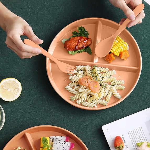 Fmbmuo Kids Portion Control Plate Set - 3 Compartment Bento Style Plate, Comes with Cutlery (Spoon, Fork, and Chopsticks) - For Healthy Eating (8.7 Inch, Orange)