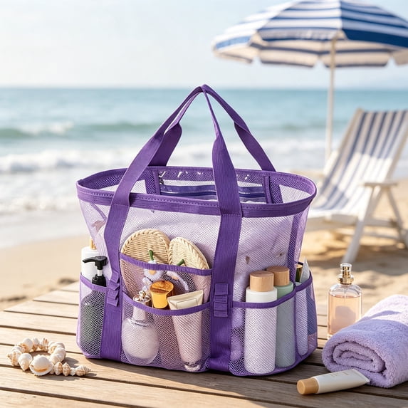 Fmbmuo Large Beach Tote Bags for Women with 9 Pockets, Mesh Travel Bags for Beach Pool Cruise Quick Dry