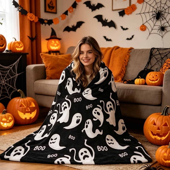 Fmbmuo Lightweight Halloween Spooky Cute Ghost Print Throw Blanket , Warm Soft Cozy Decorative , For Sofa Couch Bed Home Holiday Decoration