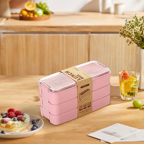 Fmbmuo Lunch Box Pink Stackable Reusable Plastic Bento Box, 3-Tier Airtight with Cutlery Food/Fruit Storage Containers for College,Work and Travel