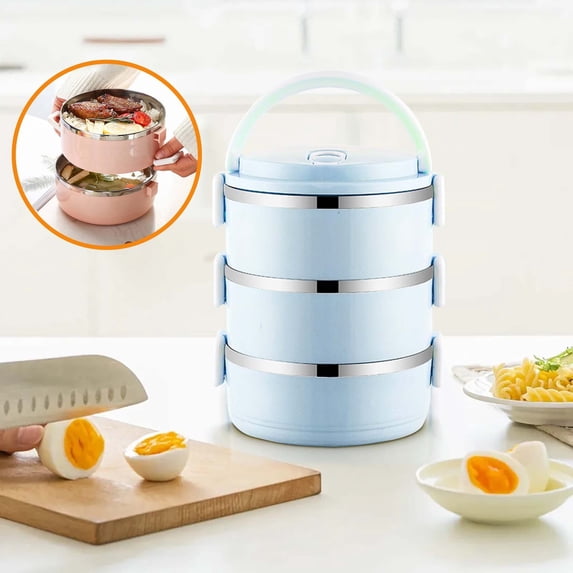 Fmbmuo Lunch Box for Women Plastic Reusable Blue Portable Bento Box, with Hands Airtight 3-Tier Food/Fruit Storage Containers Oven & Freezer Safe
