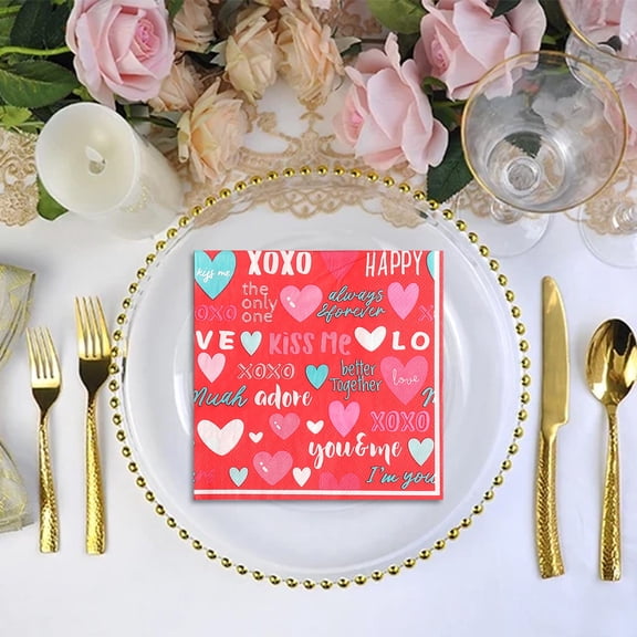 Fmbmuo Napkins Valentine's Day 20 Pcs Paper Heart and Rainbow Decorations, Red Romantic Heavy-Duty Cutlery Set for Romantic Dinner