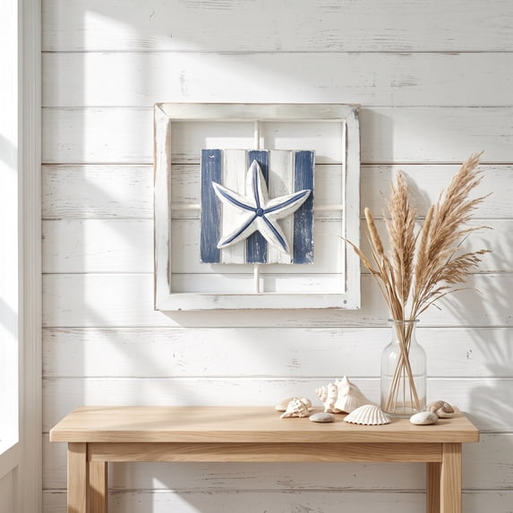 Fmbmuo Nautical Style Mediterranean Style Wooden Sea Star and Shells Wall Hanging Decorations Seaside Homestay Background Wall Hanging Art,Blue